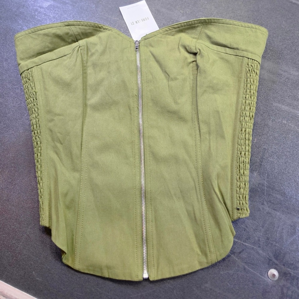 Forever 21 Olive Green Zip Front Corset Tube Top Smocked Medium NWT